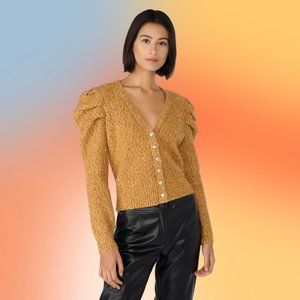 NWOT Karl Lagerfeld Golden Yellow Combo Puff Sleeve Cardigan